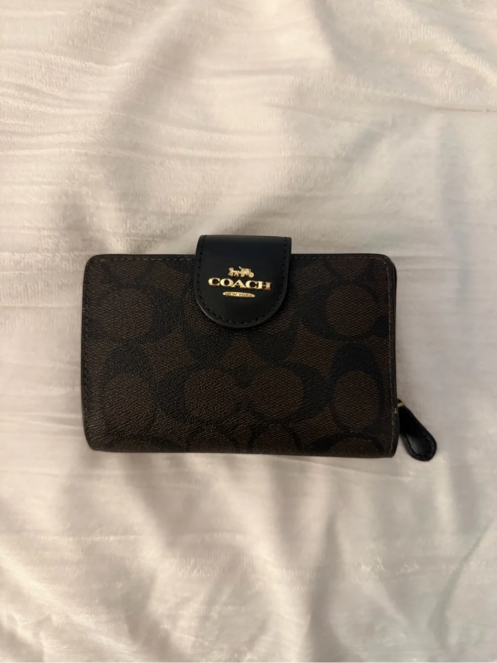 Coach Brown and Black Signature Bi-Fold Wallet with Gold Logo